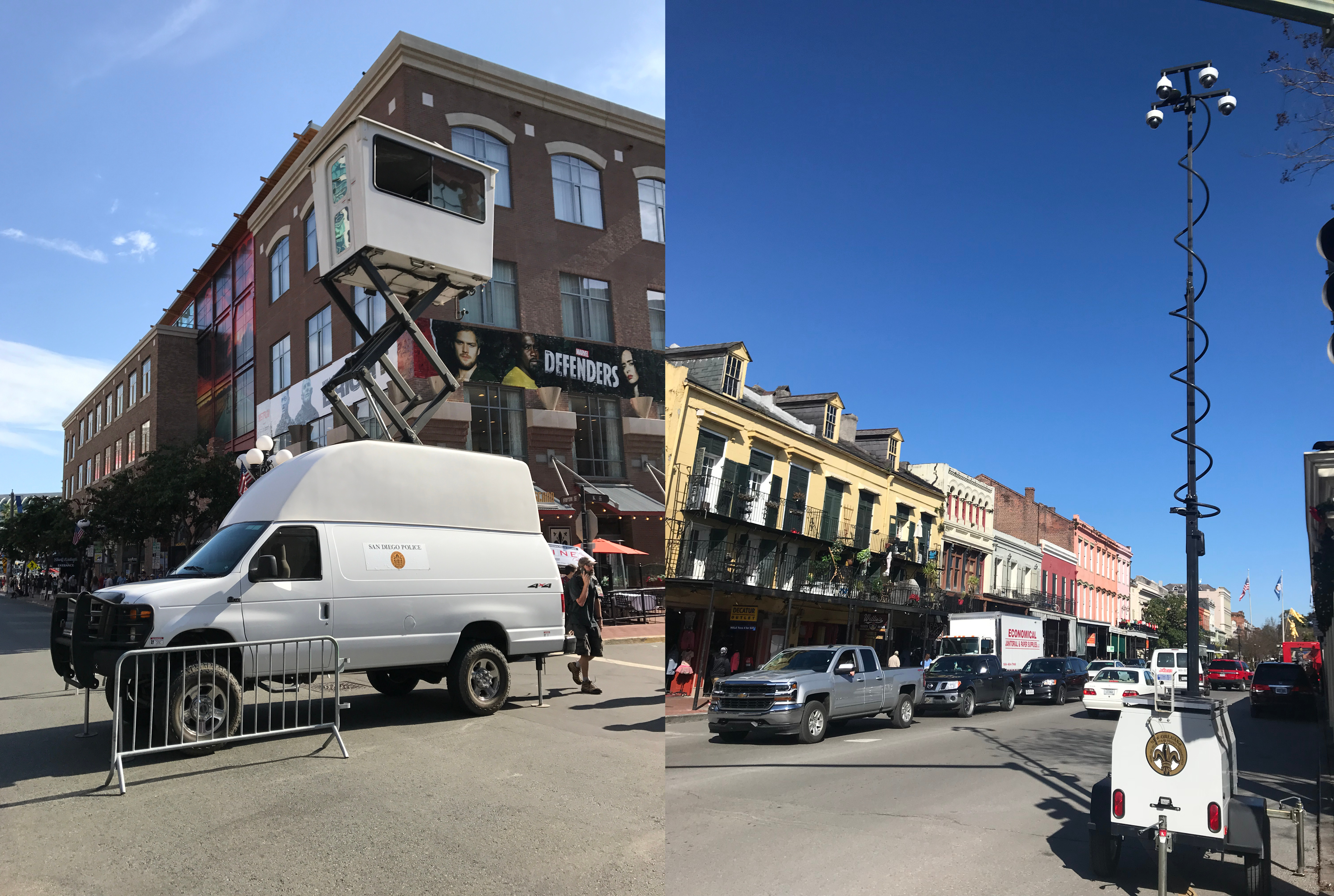 A surveillance cabin atop a van and a surveillance camera pole on a trailer